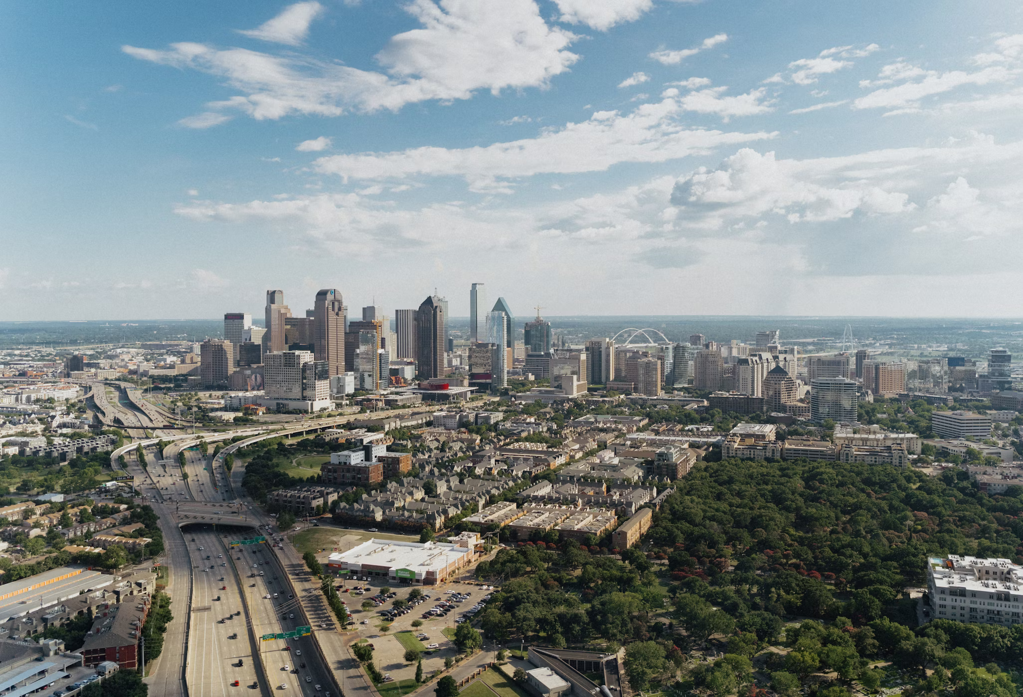 Dallas Arts District and downtown skyline viewed from the Margaret Hunt Hill Bridge