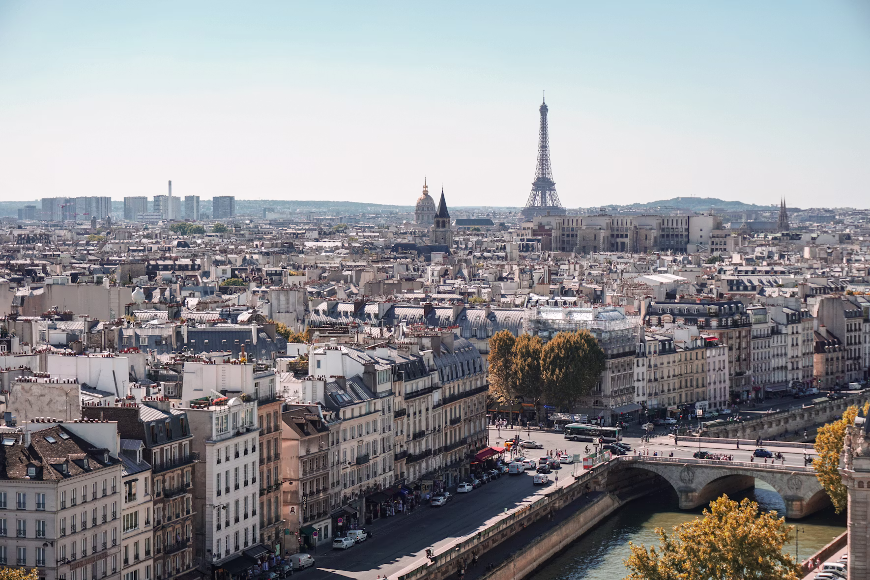 An elevated view of the Paris skyline with the Eiffel Tower and the Seine, France