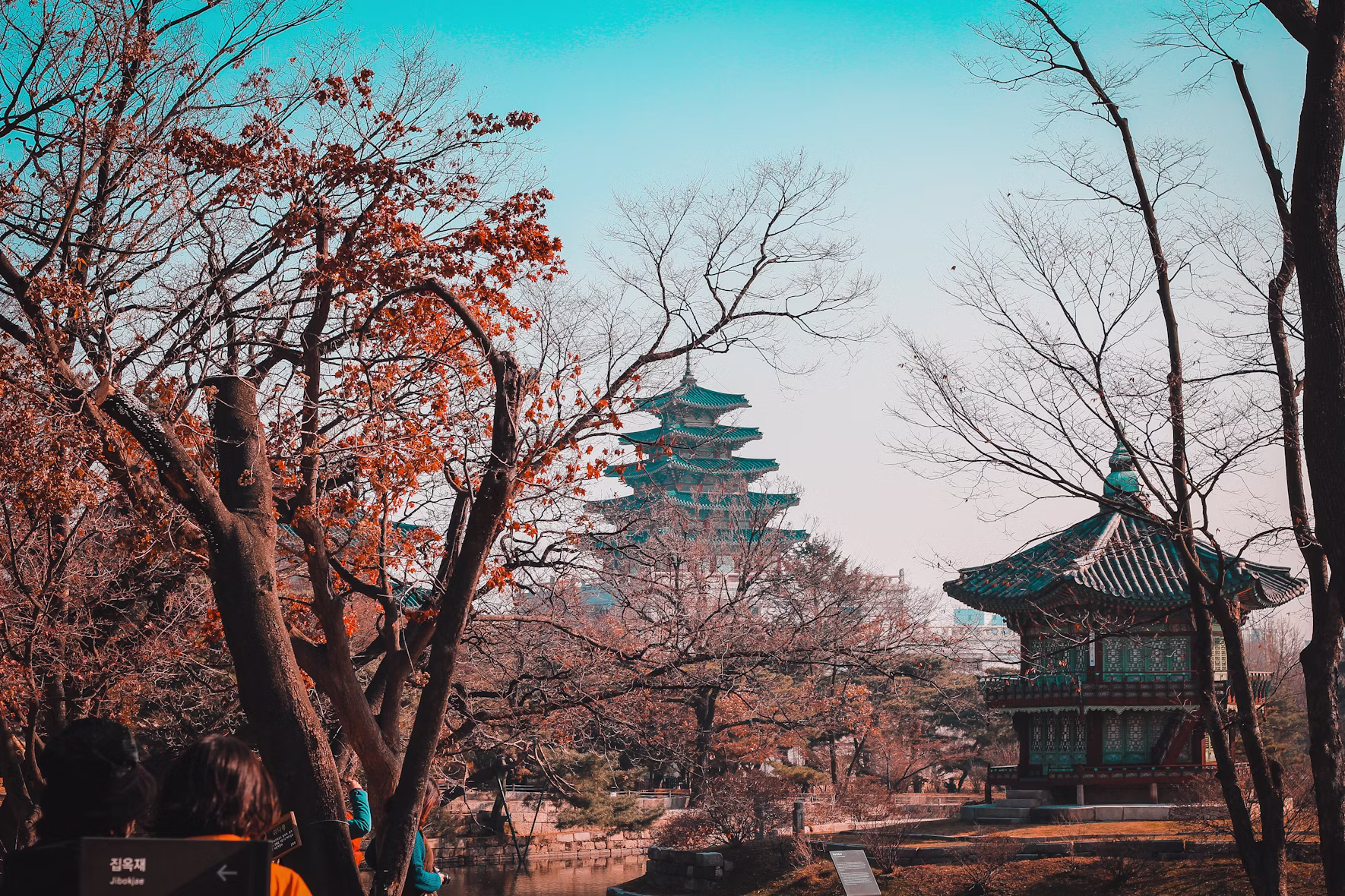 A traditional Korean palace pavilion and pagoda among autumn trees at Gyeongbokgung, Seoul, South Korea