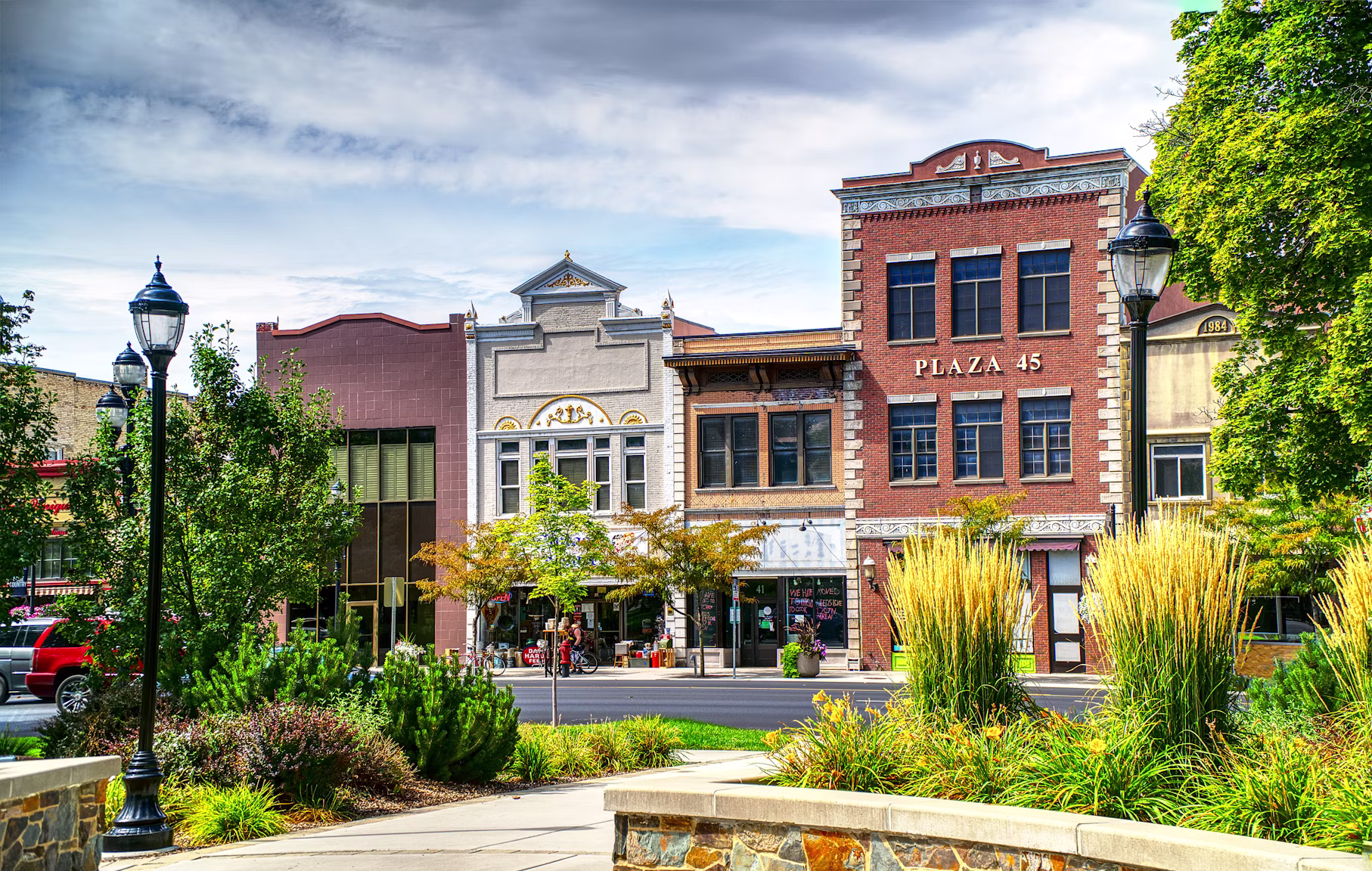 An American downtown street on a clear day