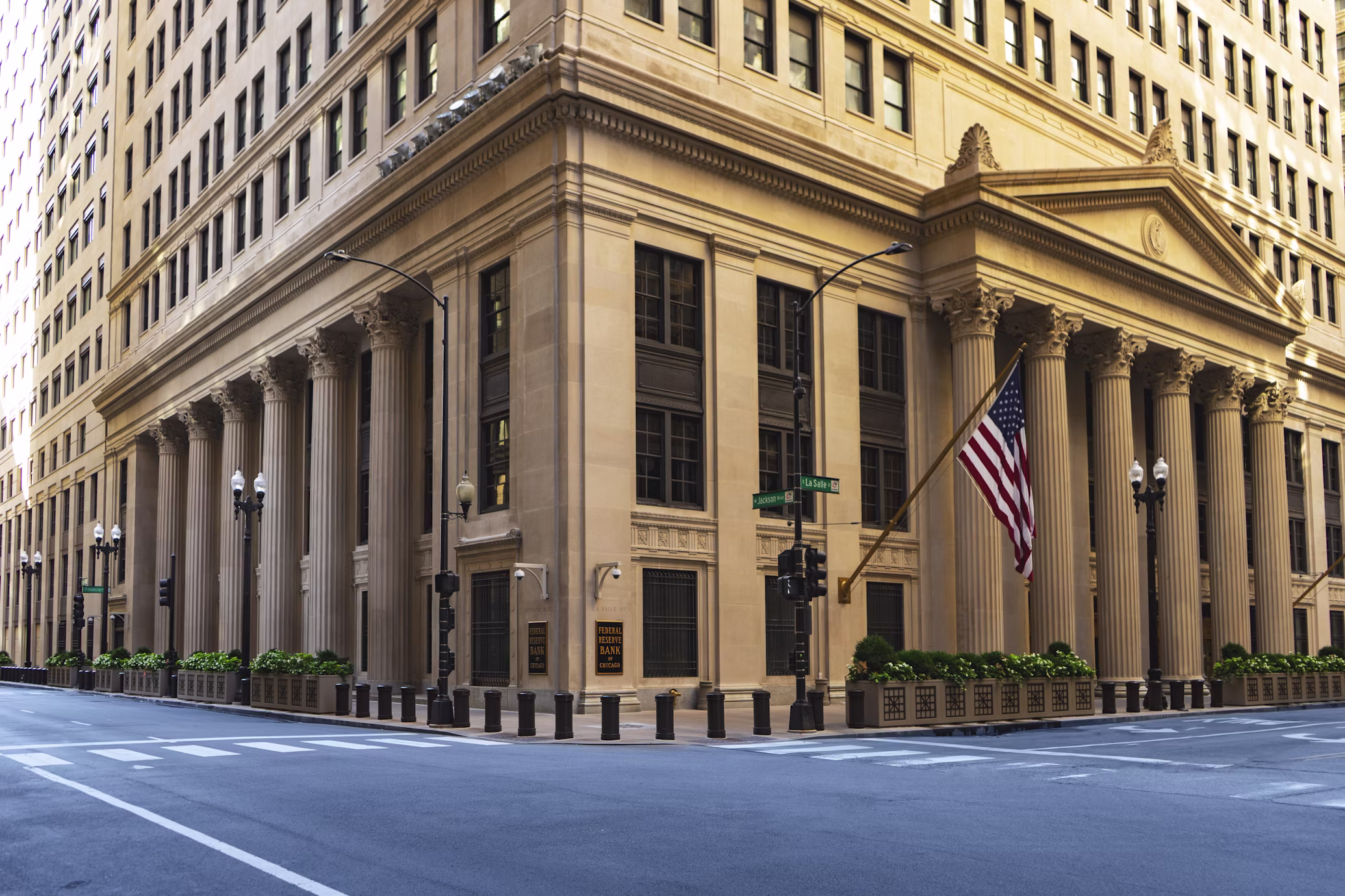 Classical columned institutional building on a city corner