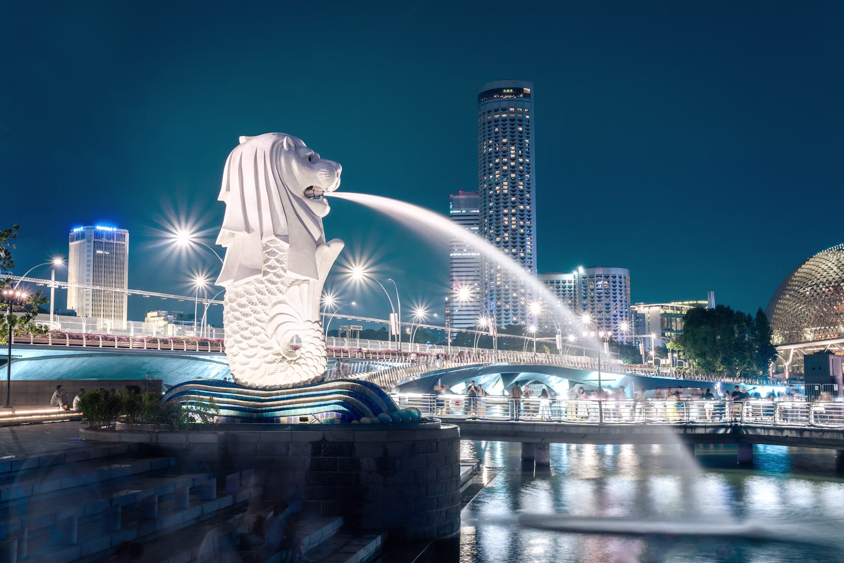 Merlion statue and city skyline illuminated at night, Singapore