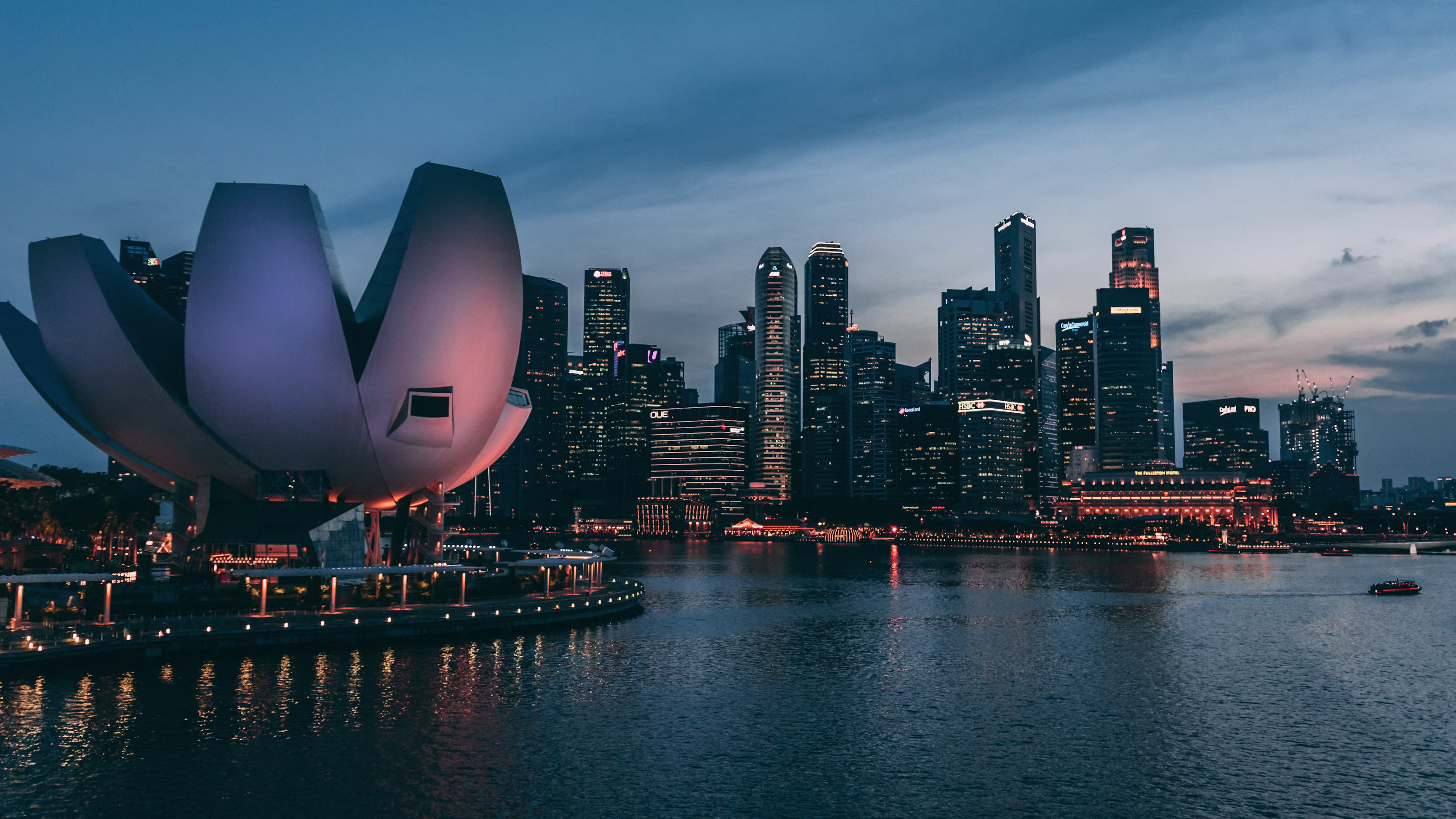 Marina Bay skyline with ArtScience Museum at dusk, Singapore