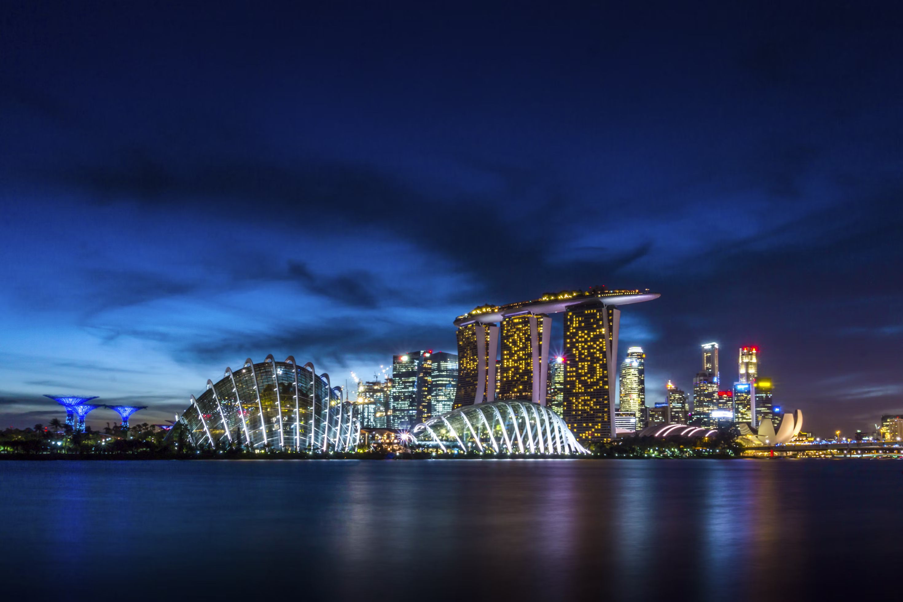 Gardens by the Bay Supertrees with Marina Bay Sands skyline at night, Singapore