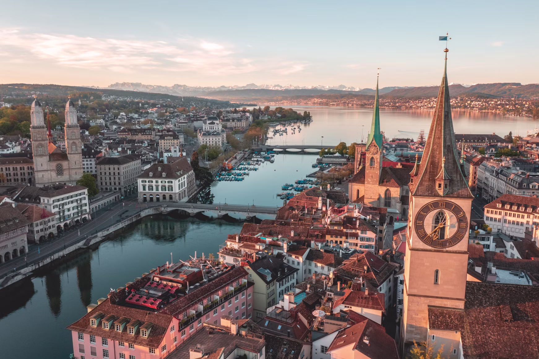 Aerial view of Zurich's old town along the Limmat river, Switzerland